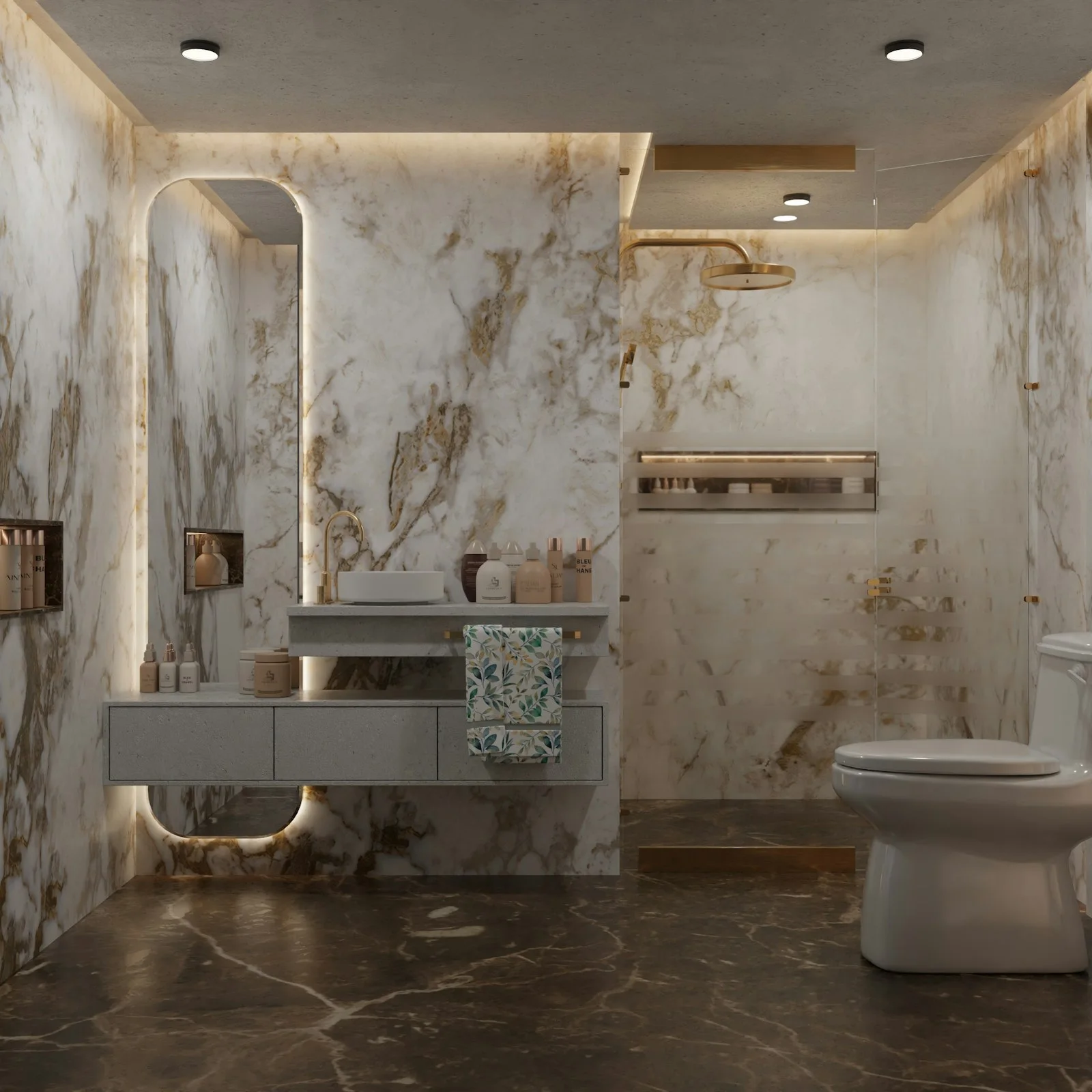 Mermer kaplı banyo duvarı ve lavabo
